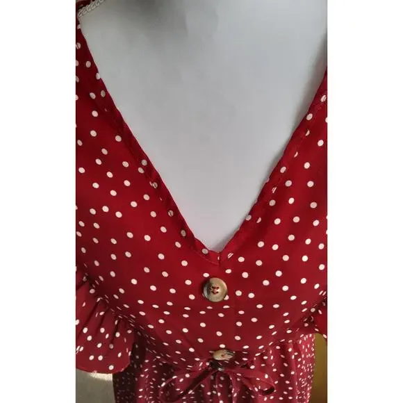 Red polka dot dress sz S pin-up flutter ruffled shoulder’s romantic v-neck chic - Picture 6 of 9
